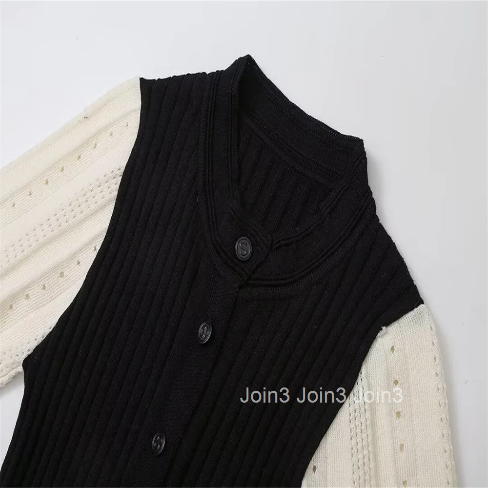 Elegant Knitted Dress New Hollow Out Short Sleeve Midi Dress High Waist Slim-Fit Dress Patchwork Single Breasted Ladies Robe