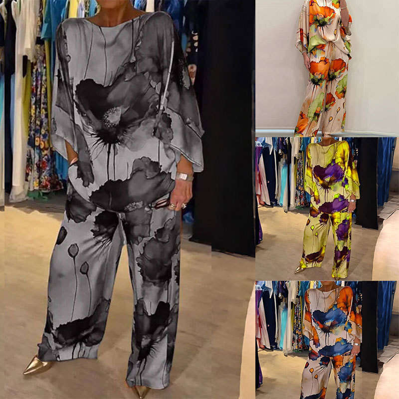 Summer New Urban Elegant Off-Shoulder Loose Printed Batwing Sleeve Drawstring Long Pants 661 B5