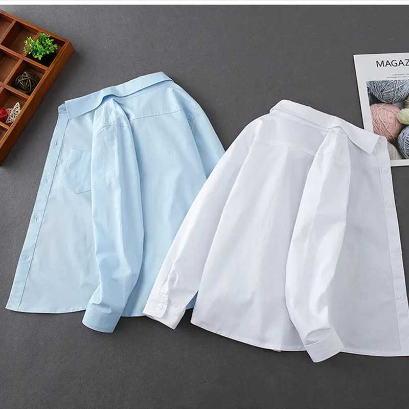 Boys Casual Shirt Long Sleeve Solid White Blue 100% Cotton Kids Top Age 3-12 Spring School Uniform Children Party Clothing X250806