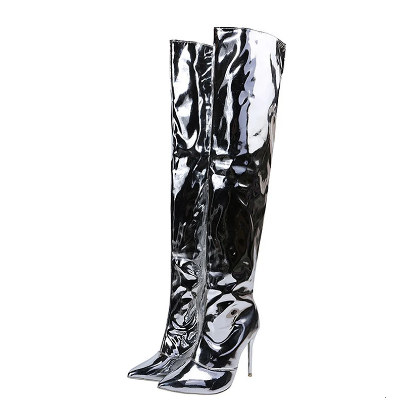 Elastic Sexy Mirror Glossy Female Long Boots Street Celebrity Banquet Runway Show Nightclub High Heel Slim Womens Shoes 250801