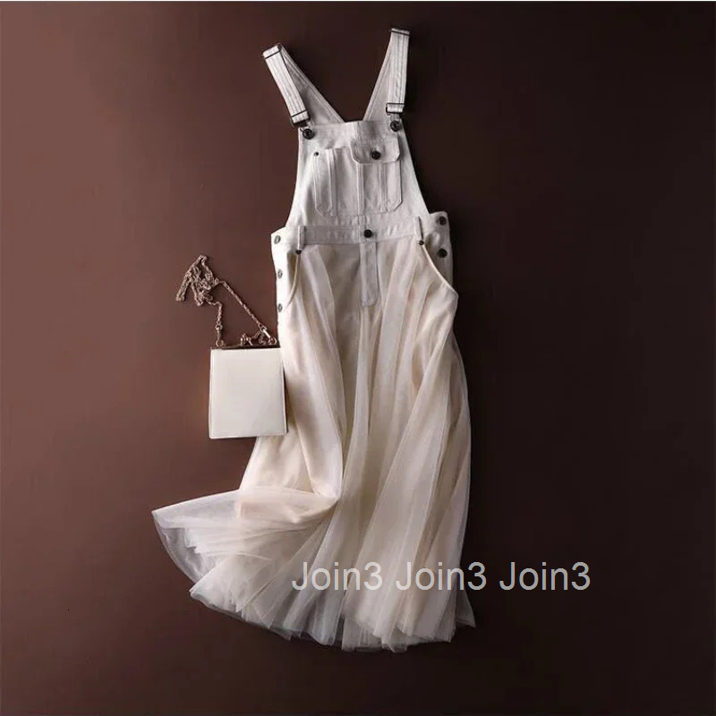 Fashion Casual Mesh Denim Patchwork Suspender Dress Solid All-match Elegant Big Swing Robe Summer New Midi Vestidos Mujer