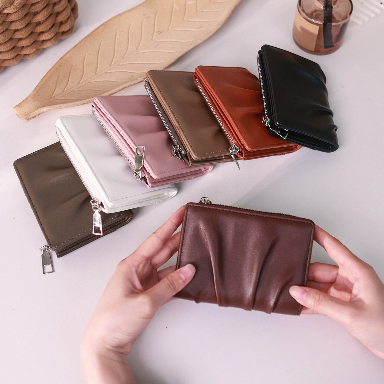 New Wallet Short Korean Style Pleated Design Women's Solid Color Simple Multi-Card Slot Coin Card Holder for Women