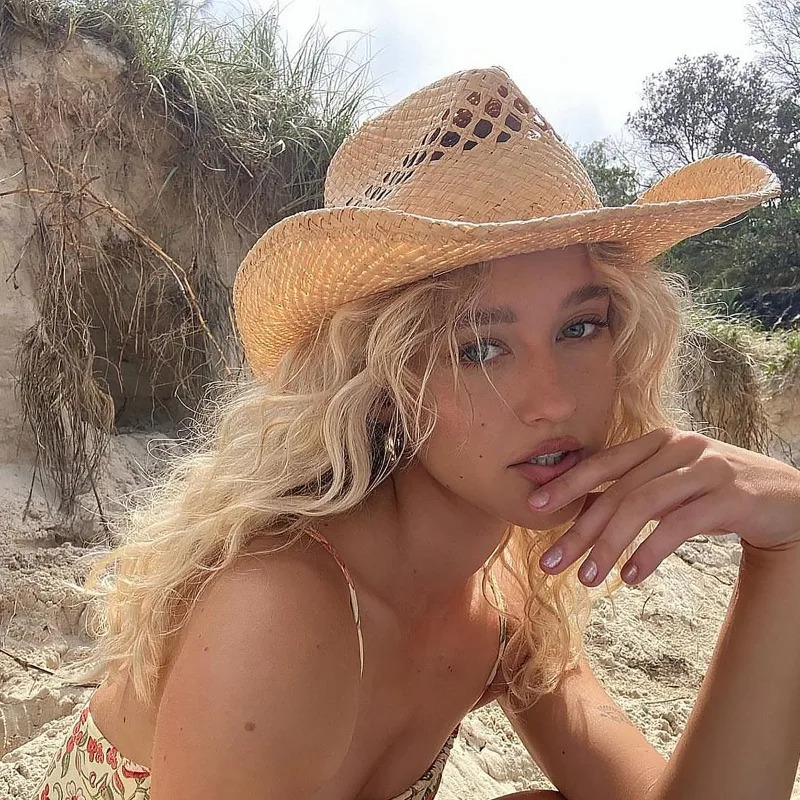 Hand Woven Raffia Hat Women Summer Simple Western Cowboy Straw Hat Lady Ins California Girl Seaside Vacation Curled Brim Sun Hat 250805