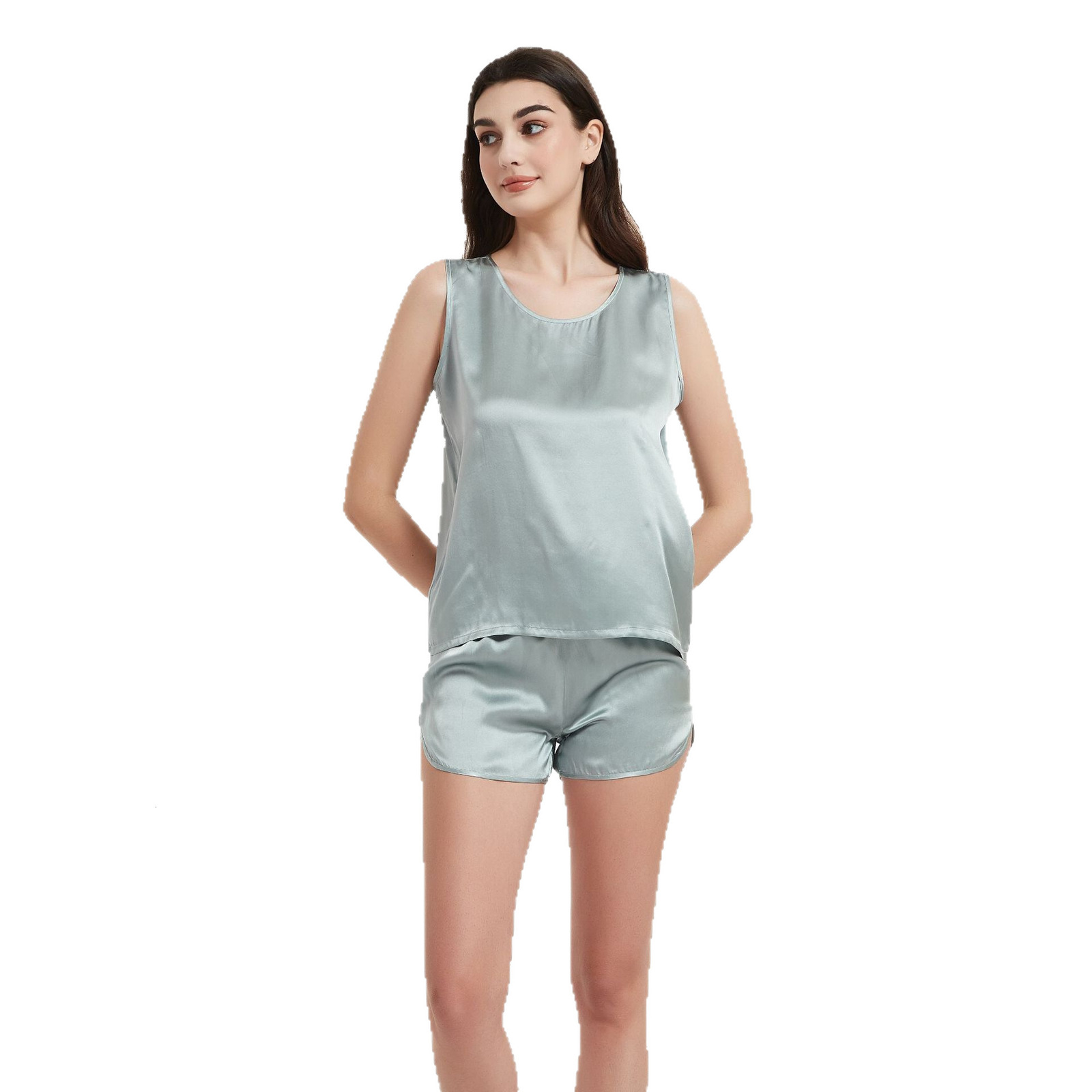 Women Mulberry Silk Vest and Shorts Set Sleeveless Homewear Summer Pajamas Satin Pajamas Set Nightwear Sleeveless Tank Top with Shorts Sleepwear 23050