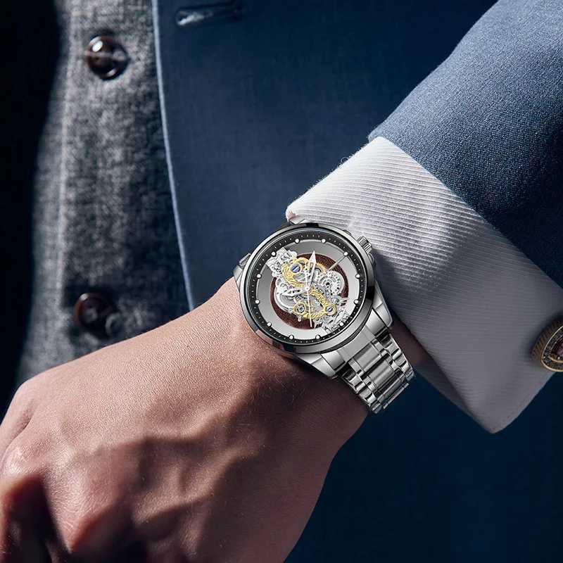 uthai men sports trend double-sided transparent hollow steel waterproof luminous mens fashion quartz wristwatch W250806