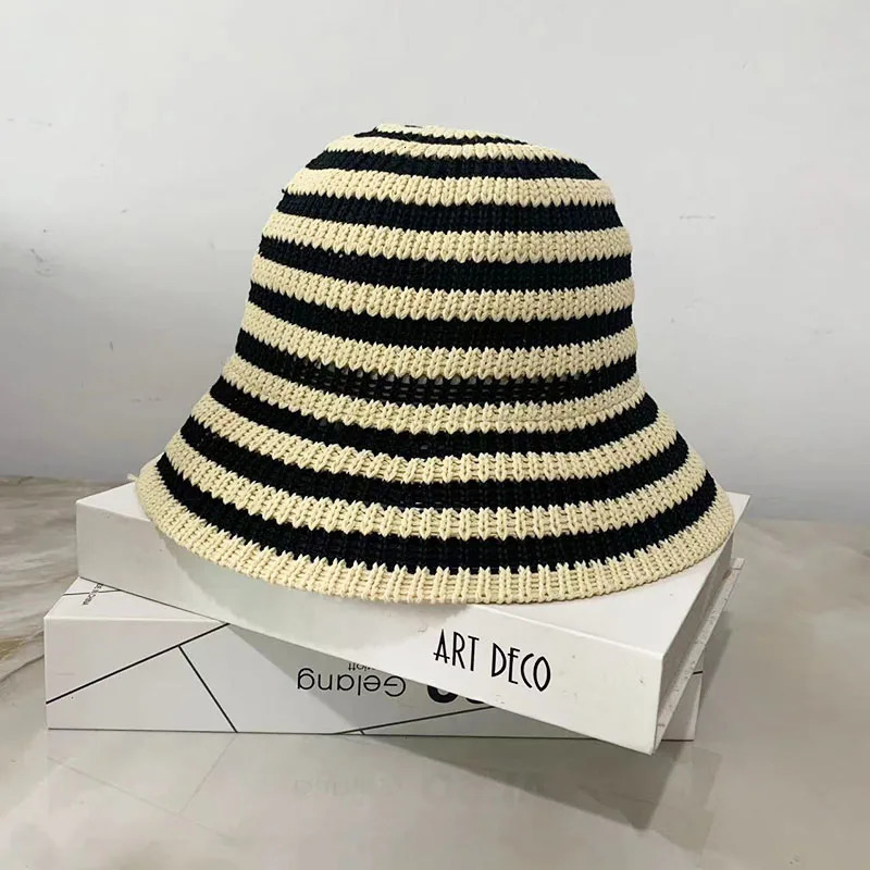 Striped Hollow Women Bucket Hat Spring Summer Outdoor Sunscreen Weave Breathable Fisherman Cap Fahsion Versatile Travel Panama 250805