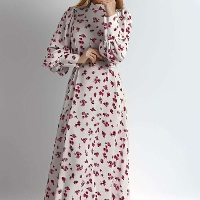 Women's Fashion Elegant Temperament Stand Collar Floral Lantern Sleeve Dress B5