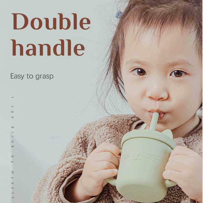 Baby BPA Free Silicone Feeding Cups Kids Double Handle Design Cute Cat Styling Straw Bottle Anti-Hot Leakproof Baby Feeding Cups X250806