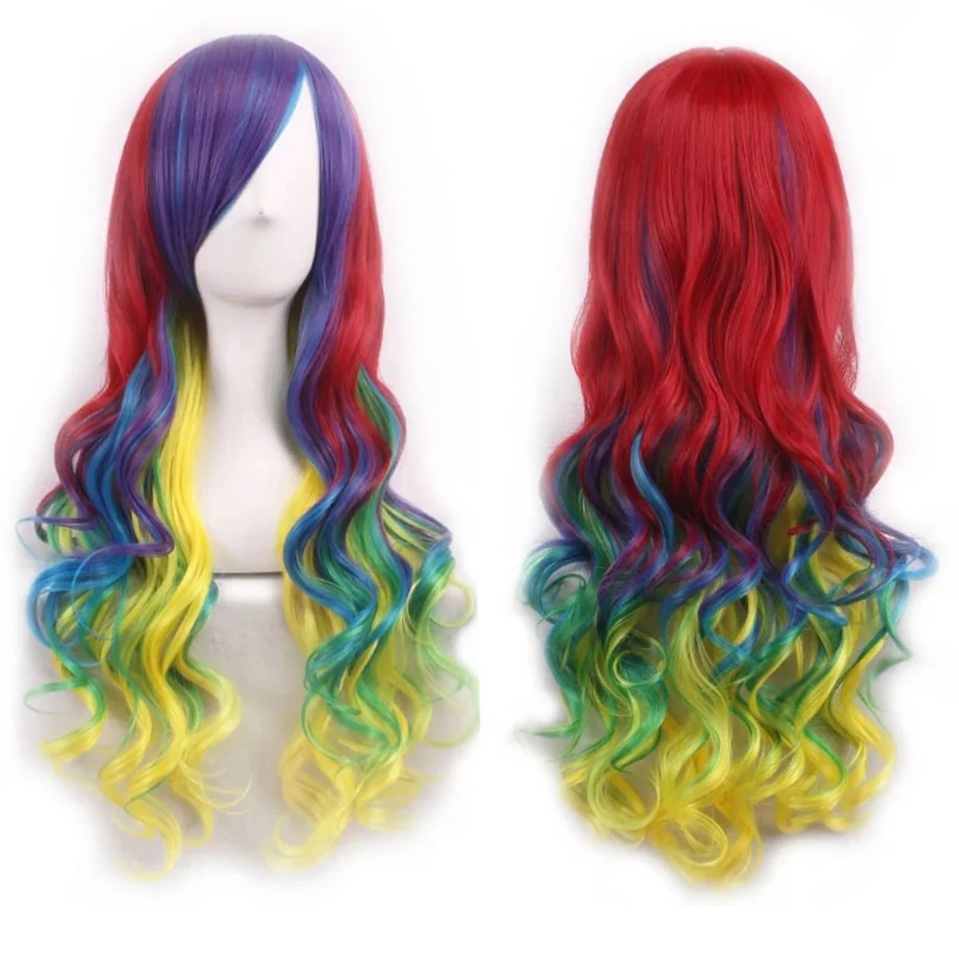 Soowee Synthetic Hair Ombre Rainbow Cosplay Wig with Bangs Red Yellow Purple Green Blue Wigs for Black Women 250805