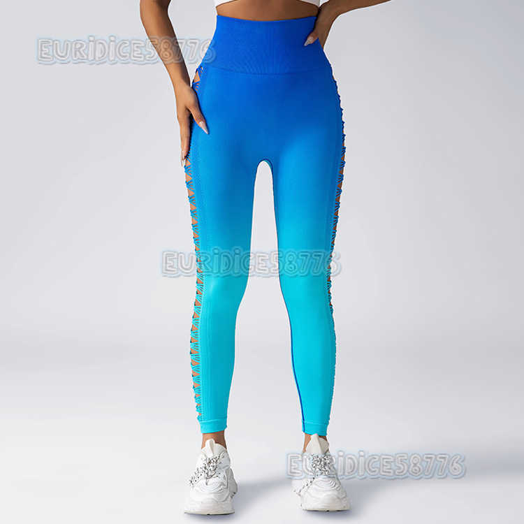 Seamless Gradient Side Hollow Tie-dye Yoga Pants Peach Hip Outdoor High-waist Sports Fitness Long Pants for Women H250806