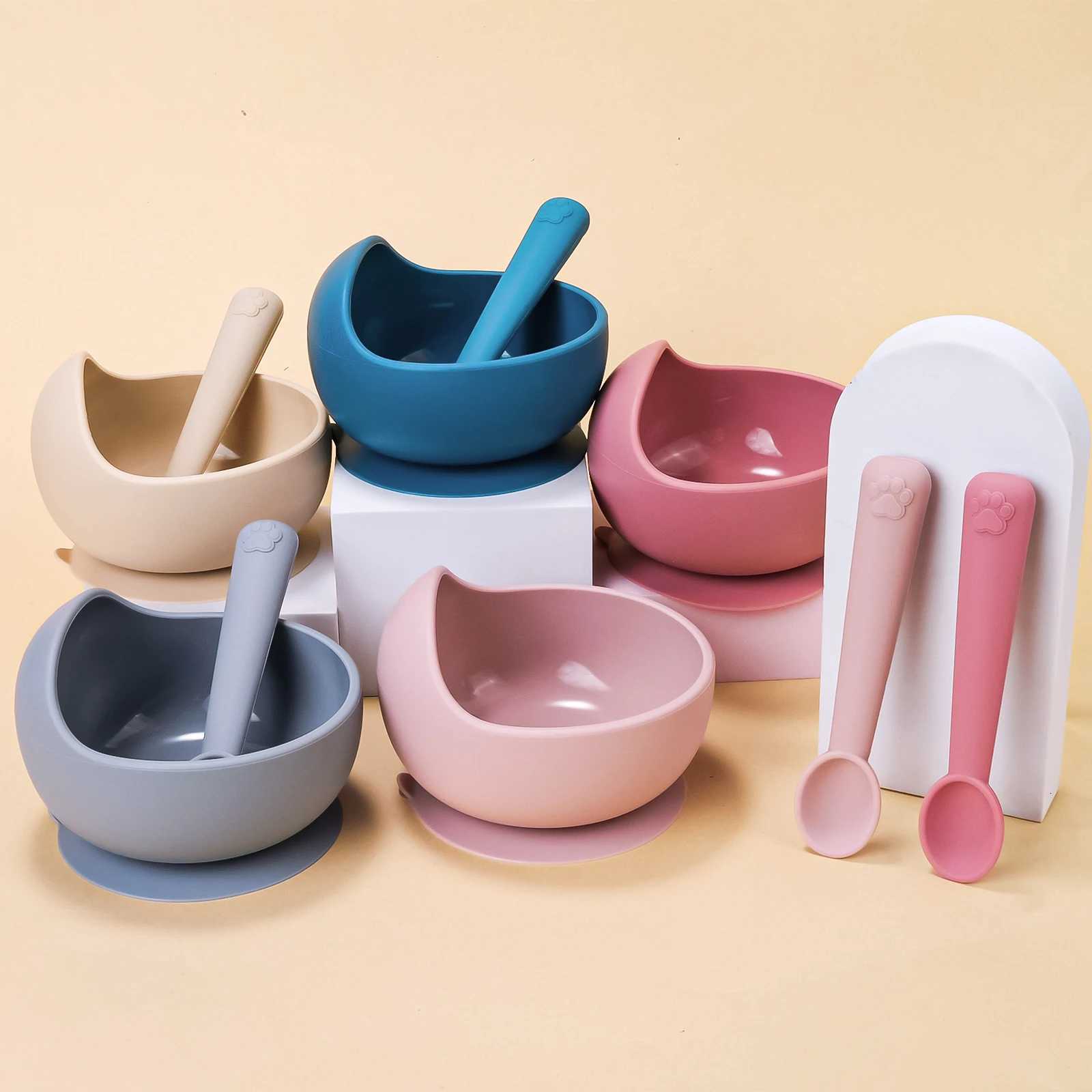 2Pcs Silicone Baby Feeding Bowl Set Baby Learning Dishes Suction Bowl Set Silicone Spoon Children Tableware Baby Supplies X250806