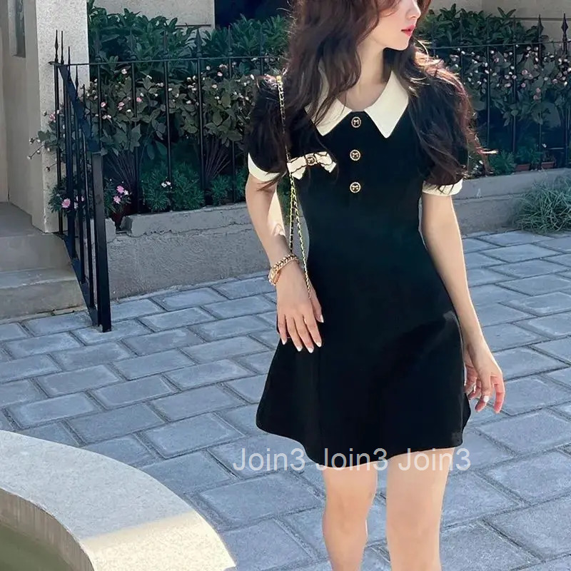 Sweet Japanese Style Small Fragrance Summer New Dresses Women Polo Collar Patchwork Button Bow Short Sleeves Slim Midi Dress