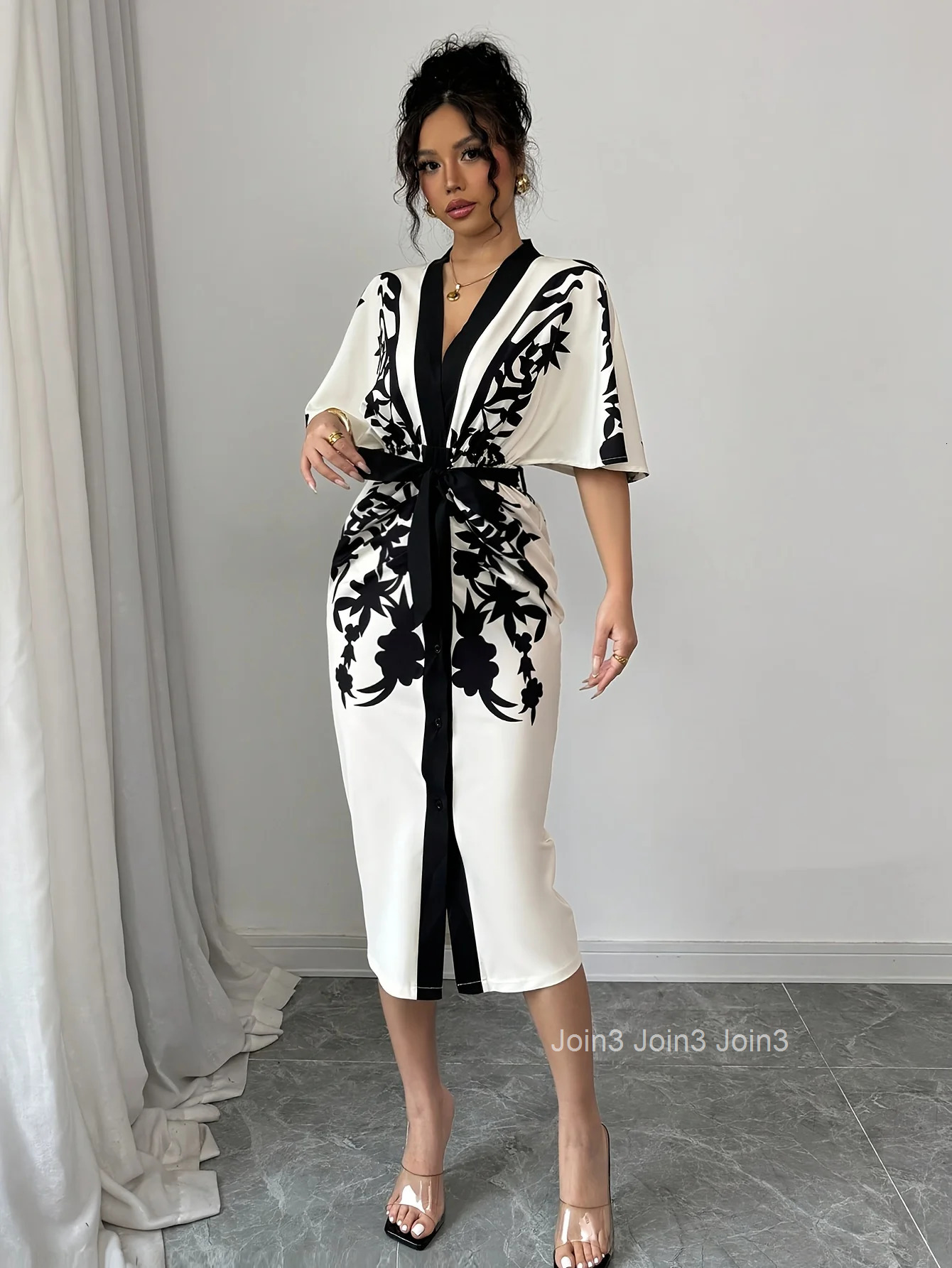 Lemongor Womens Elegant V-Neck A-line Party Dresses New Half Sleeves Flower Printed Tied Waist Urban Office Midi Dress