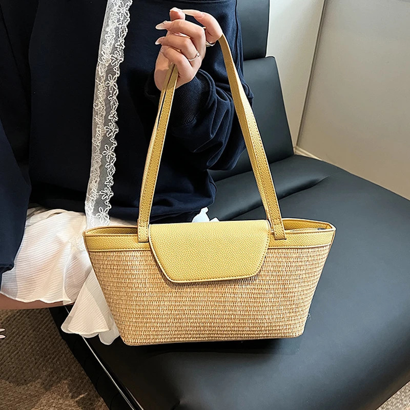 Fashion Women Shoulder Bag PU Woven Patchwork Stick Large Capacity Tote Casual Contrasting Color Handbag 250805
