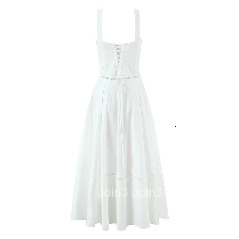 YENKYE Sexy Lace Up Bandage Back Elegant White Sling Dress Women Front Button A-line Cotton Corset Style Summer Dress Midi Robe