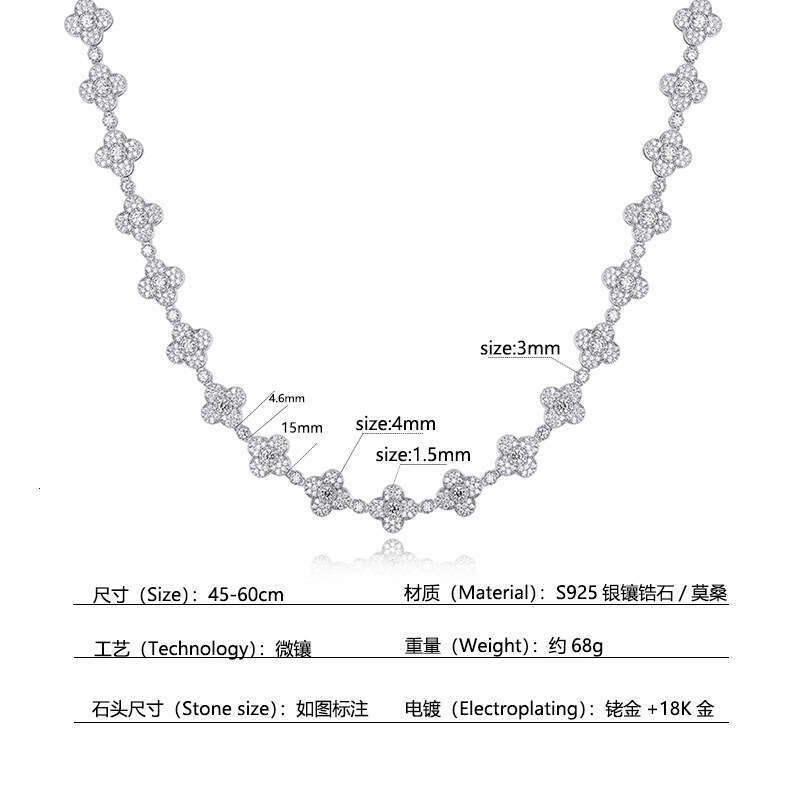 Iced Out VVS 15mm Inlaid Hip Hop Cuban Four-Leaf Clover Necklace Hollow Design Fashion Item Factory