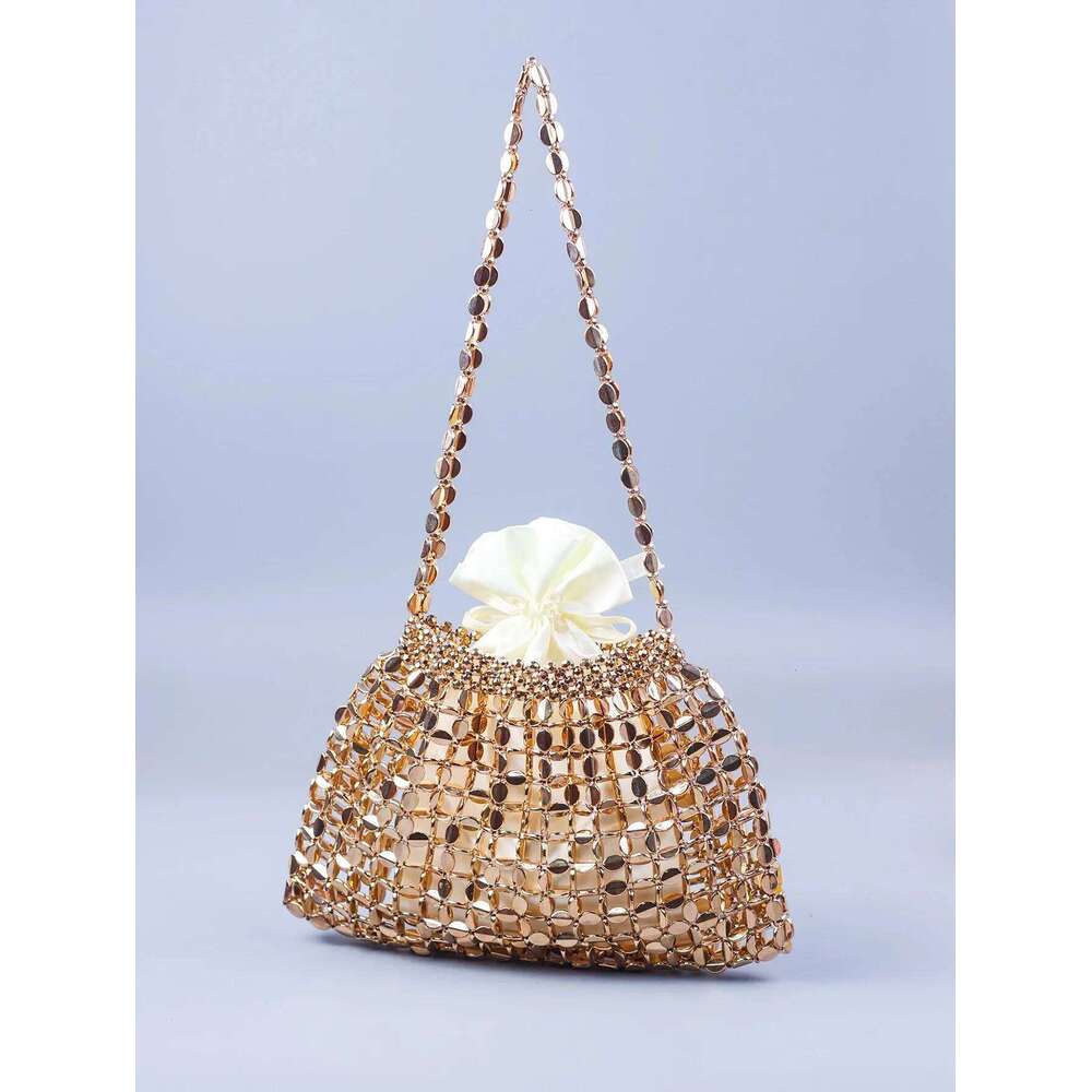 Handmade sier gold flat bead woven large-sized dumpgs fashionable and trendy one shoulder portable beaded bag 240822