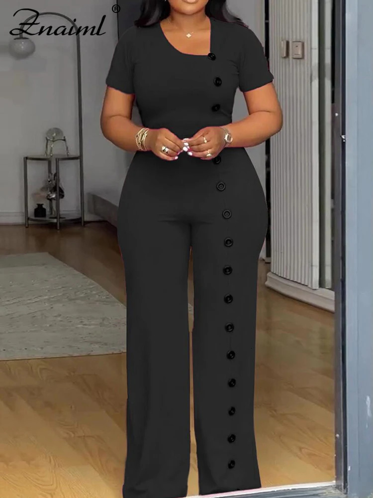 Znaiml Women Elegant Long Jumpsuits for Party Summer Short Sleeve Buttons Solid Color Wide Leg Pants Rompers One Pieces Overalls 250804