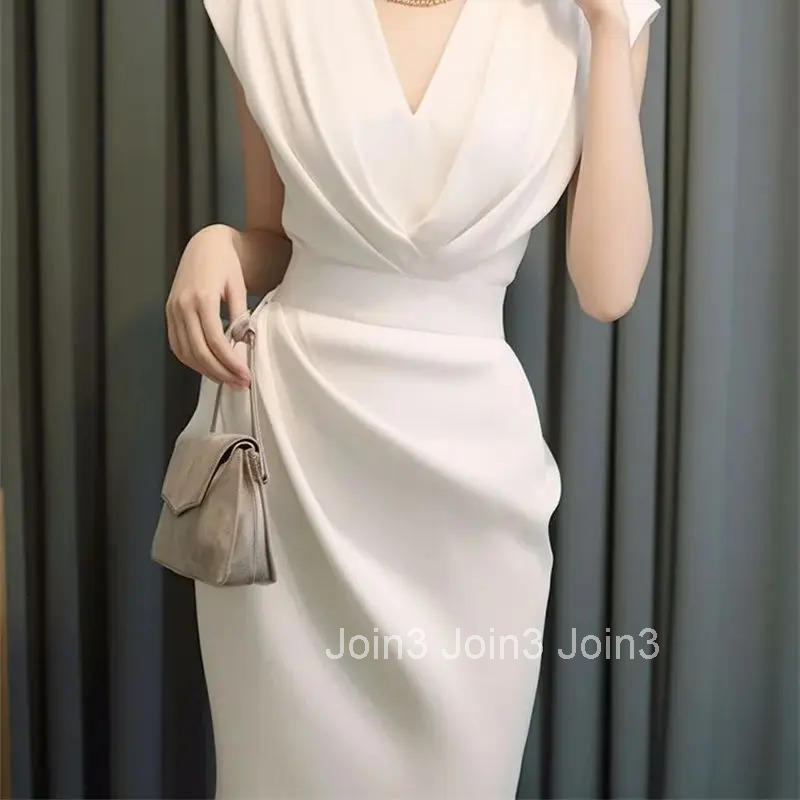 Summer New White Elegant Womens Formal Dress Vintage V-Neck High Waist A-Line Midi Dress Celebrity Evening Party Vestidos 029P