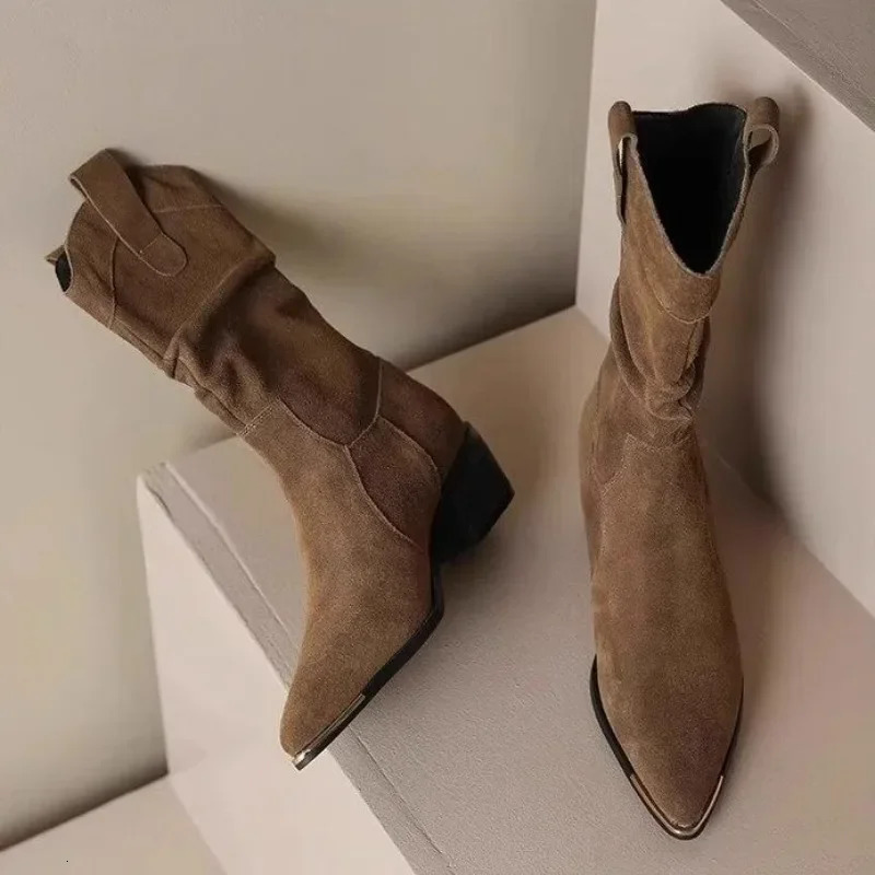 Autumn Winter Classic Chelsea Boots for Woman Suede Pointy Toe Wedge Heel Ankle Boots Simple Comfortable Cowboy Botas Female 250731