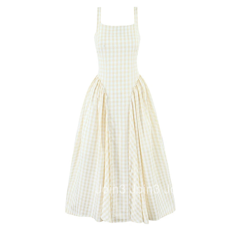 YENKYE Lace Up Bandage Plaid Sling Dress Women Elegant Square Neck Low Waist A-line Midi Summer Dresses Holiday Party Robe