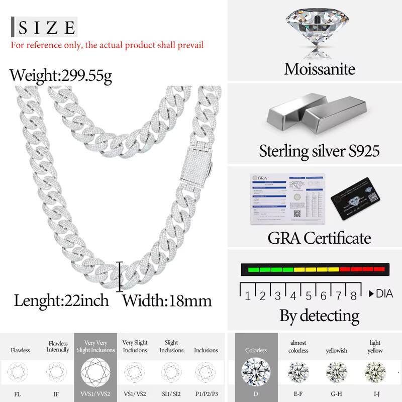 Highly Popular Sparkling Jewelry 18mm Bezel Setting Moissanite 925 Silver Hip Hop Fashion Men Cuban Chain With Certificate