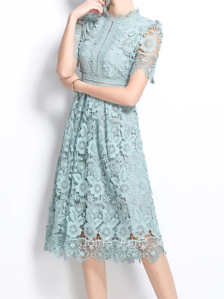 HAM Elegant Lace Hollow Out Midi Dresses Womens Summer O Neck Short Sleeve Casual Long Dress Party Vestidos