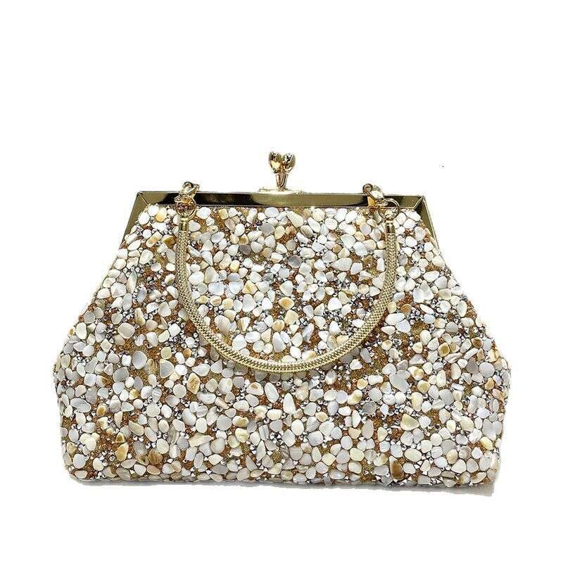 Gold Stone Shell Decorated Handbag Women's Fashionable Elegant Evening Clutch Dress Bag