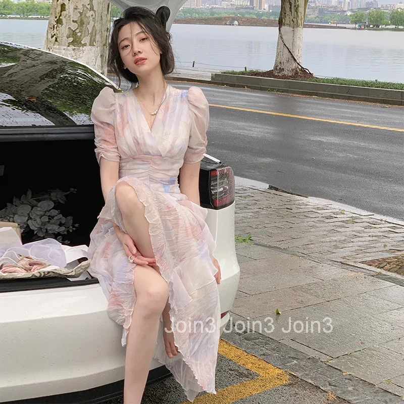 Summer V-neck Print Dress French Style Women Elegent Party Pink Midi Dress Female Fashion A Line Holiday Korean Clothes Vestidos