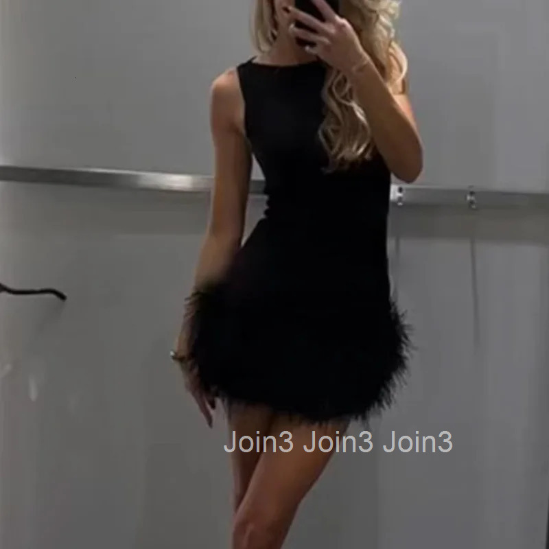 TRAF Womens Dress Feathers Sleeveless Mini Dress Elegant Black Short Dresses Bodycon Party Dresses Woman Vest Christmas Dress