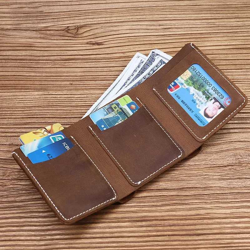 100% Genuine Leather Wallet for Men Male Cowhide Vintage Handmade Short Trifold Mens Purse with ID Holder Money Bag XJ250806
