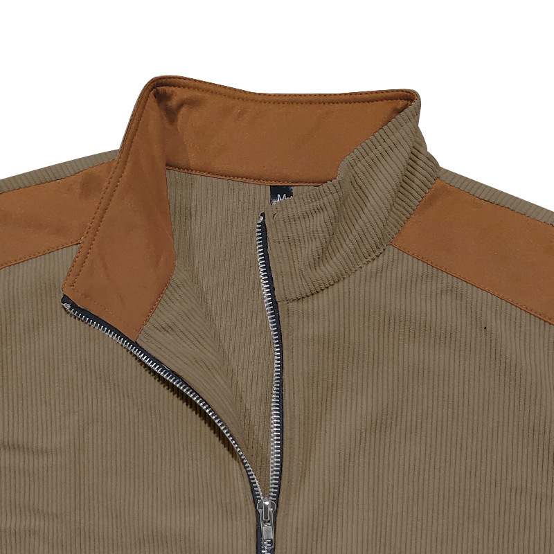 Men's heavyweight coat jacket men's casual stand-up collar long-sleeved shirt with color-blocking and patchwork European cotton fleece zippe