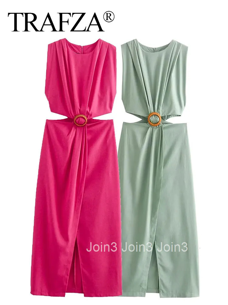 Women Waist Opening Design Dress Solid O Neck Sleeveless Split Dresses Slim Woman Elegant Evening Dress Vestidos Mujer