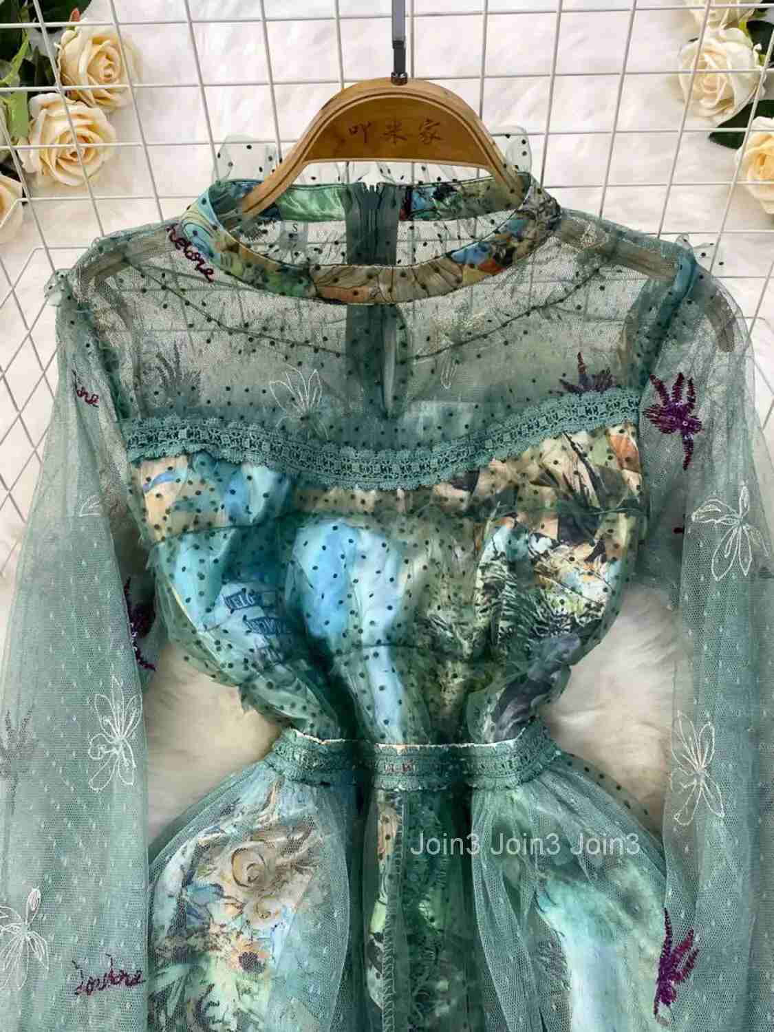 Elegant Floral Dots Embroidery Evening Luxury Dresses Women Summer Long Sleeve Tulle Princess Cake Vestidos Midi Print Dress