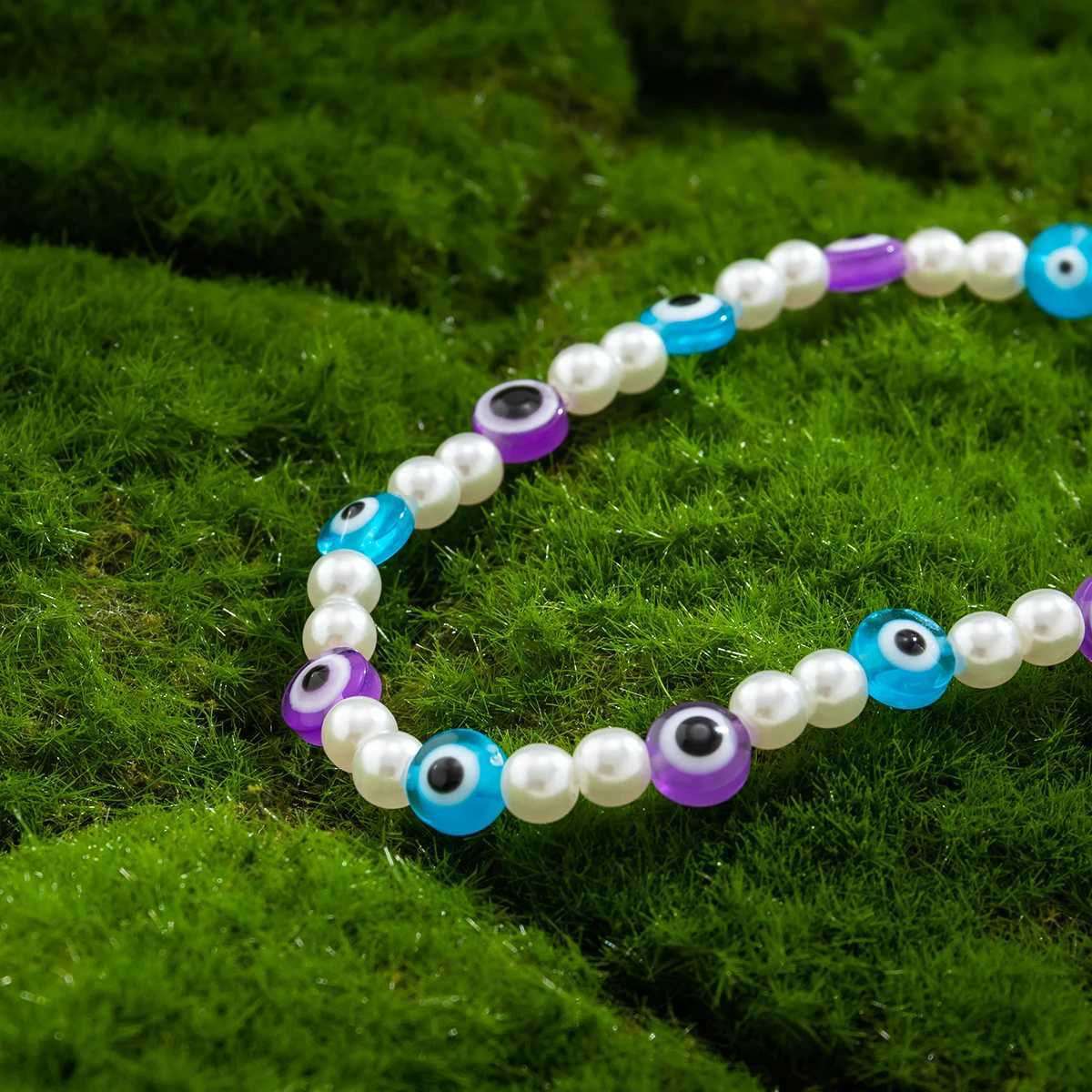 KUNJOE Bohemian Colorful Evil Eyes Beaded Chokers Necklaces for Men Women Ounk Imitation Pearl Clavicle Chain Necklace Y2K Y250805