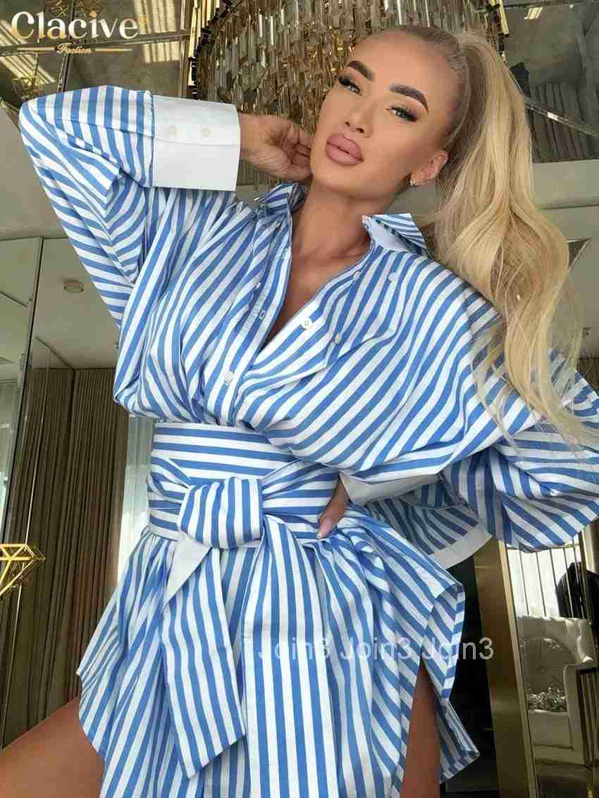 Clacive Fashion Loose Blue Stripe Womens Dress Elegant Lapel Long Sleeve Mini Dresses Casual Classic Lace-Up Female Dress