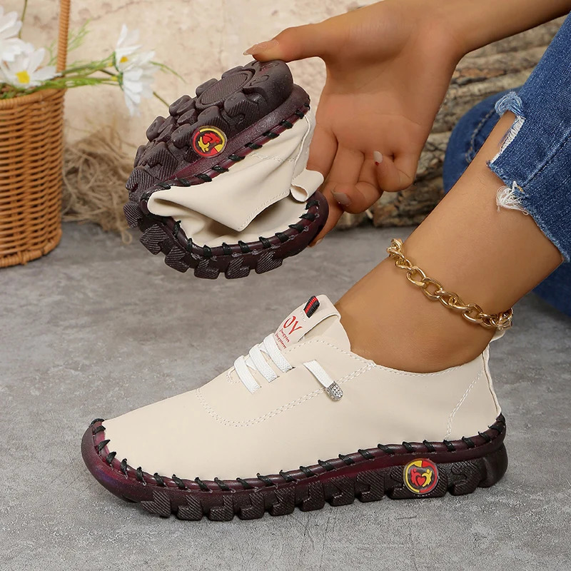 Womens Wide Fit Sizes 35-45 Leather Sneakers Flat Elastic Slip-On Loafers Comfortable Casual Shoes for Moms Womens Shoes 250731