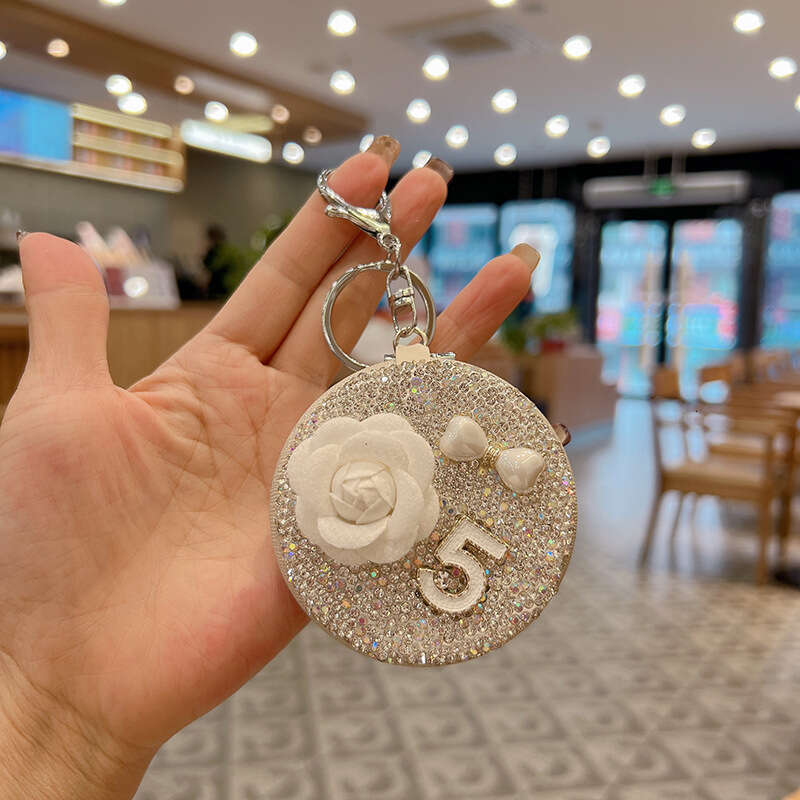 DHpet_wholesale Glamorous Camellia Mirror Keychain - Crystal-Studded Compact Mirror with Beaded Chain, Korean Style Bag Charm Gift (103g)