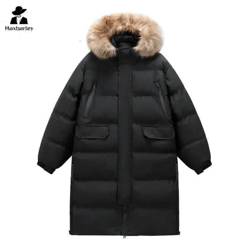 Winter Fur Collar Hooded Jacket Mens Brand Long Thick Warm Down Cotton Padded Coat Couples Casual Large Pocket Windbreak Parka W250806
