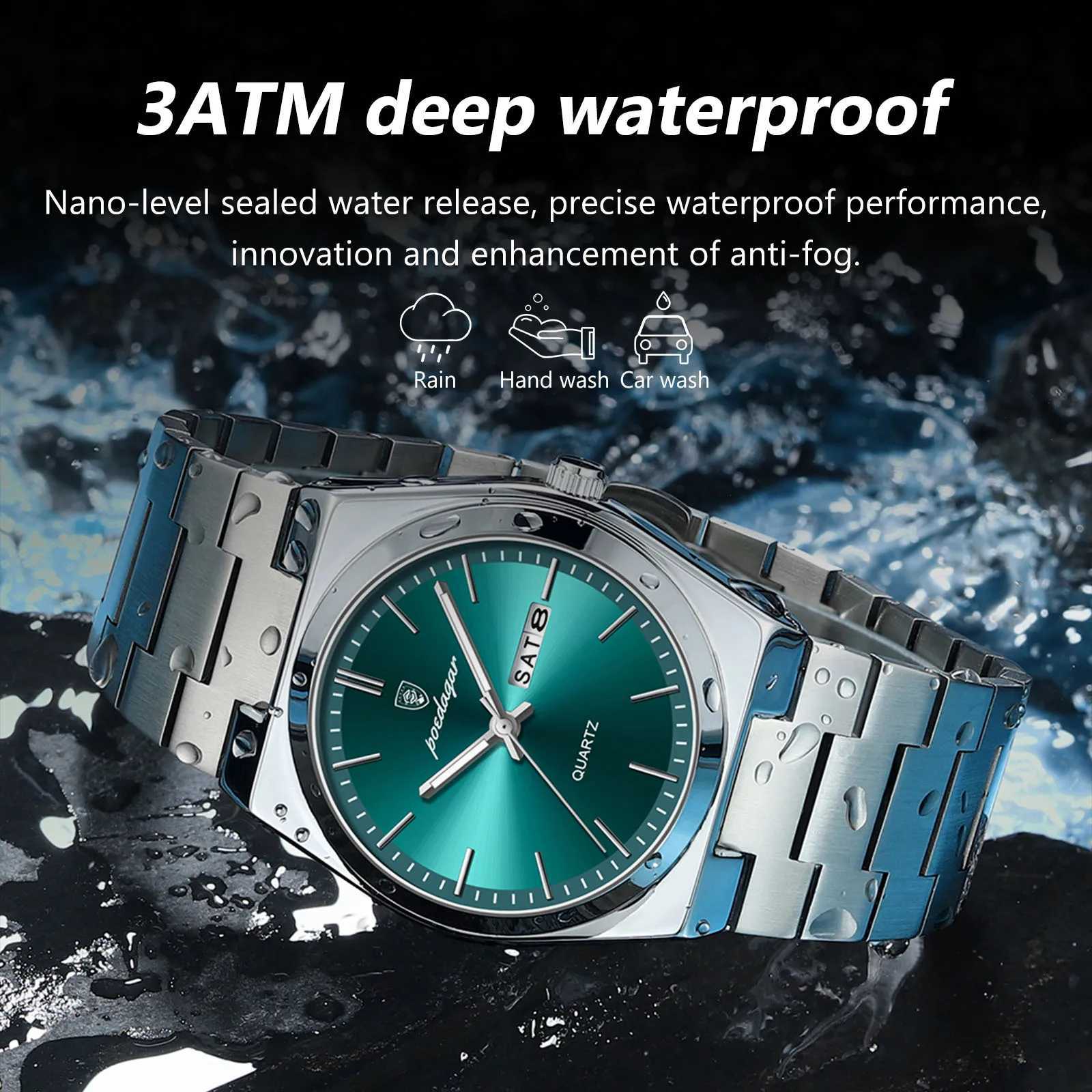 POEDAGAR Luxury Quartz Mens Wrist Sport Watch Waterproof Luminous Date Week Stainless Steel Mens Watch + Box W250806
