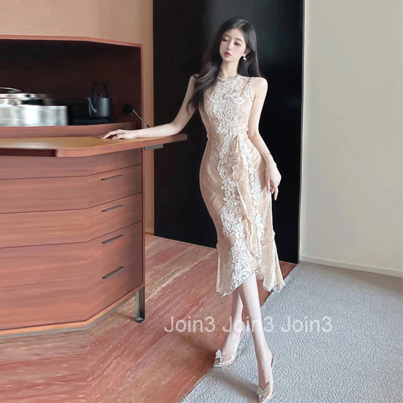 Vintage Diamond Lace Dress Women Sleeveless High Waisted Elegant Party Vestido Ruffle Irregularity Sexy Bodycon Dresses Aprico