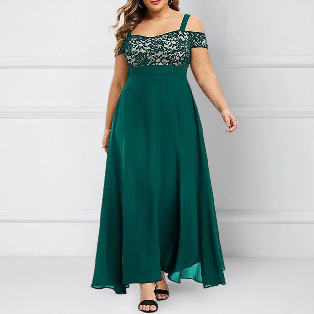 Plus Size Women Elegant Lace Off Shoulder Bandeau Chiffon Maxi ALine Dress Ladies Evening Party Cocktail Ball Gown 1XL6XL 250724