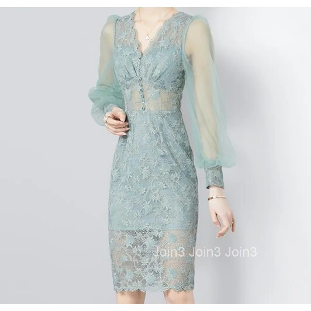 Retro lace Mesh Sheer Puff Sleeve v neck Chiffon sheer Dress Appear thin Women sexy Hip Wrap dresses