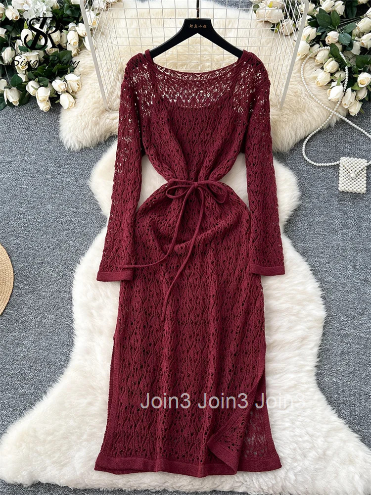 Summer Beachwear Knitting Dress Sets Female Long Sleeves Lace Up Hollow Out Dress+High Elastic Loose Homewear Sundress