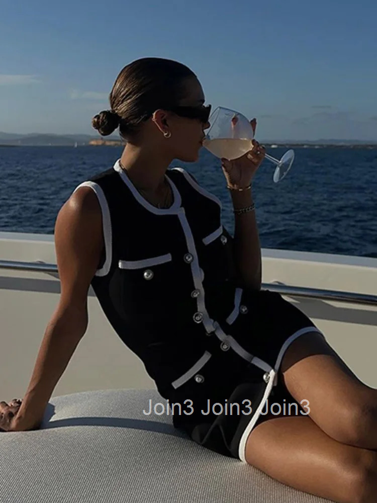 Fashion Women Color Collision Mini Dress Elegant Round Neck Sleeveless Single-breasted Pocket Robe New Female Daily Dresses