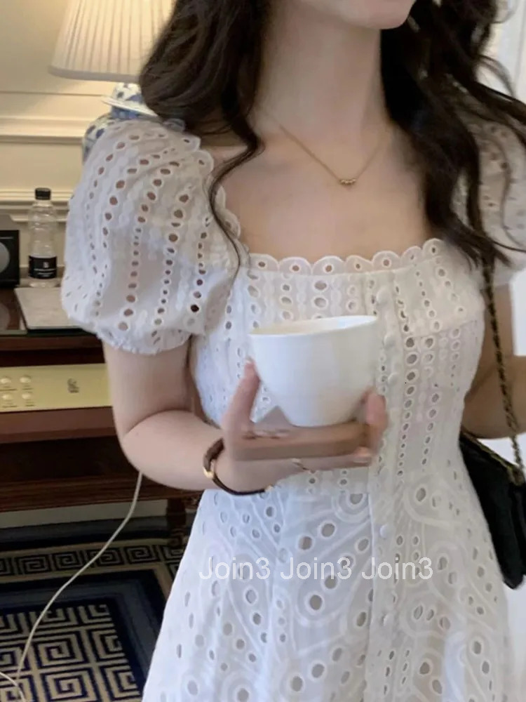 Elegant Square Collar Puff Sleeve White Midi Dress Summer Hollow Out For Women French Kawaii Vestidos Korean Chic Dresses Mujer