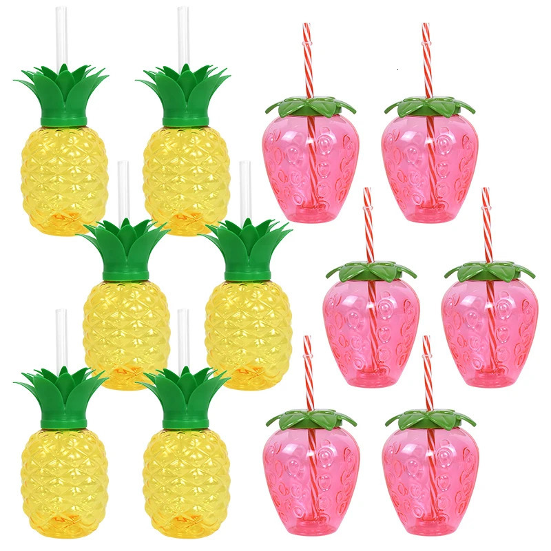 Hawaiian Summer Party Pineapple Strawberry Cup with Straw Tropical Wedding Flamingo Luau Birthday Party Decoration Drinking Cup 250805