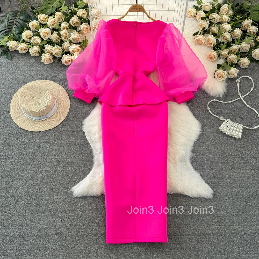 Sexy Square Collar Lantern Long Sleeve Sweet Embroidered Beads Chic Vintage Evening Party Club Women Slim Ruffle Split Dresses