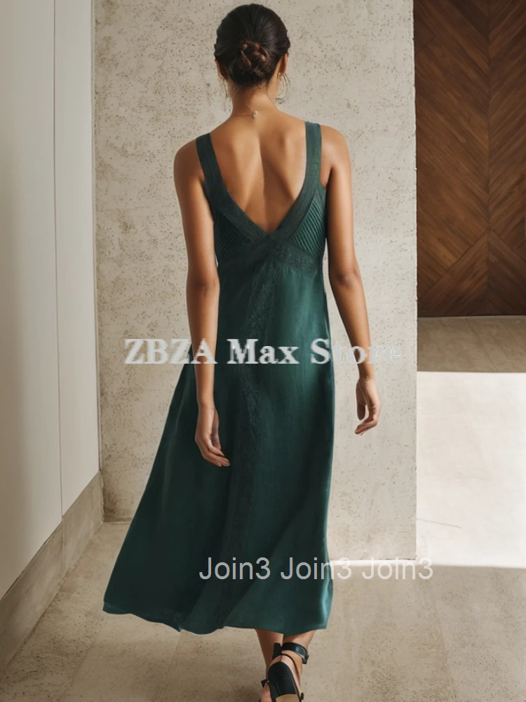 ZBZA Lace Camisole Dress V-neckline Wide Straps Solid Hidden Zipper Sleeveless Backless Elegant A-line Skirt Female Chic Dress
