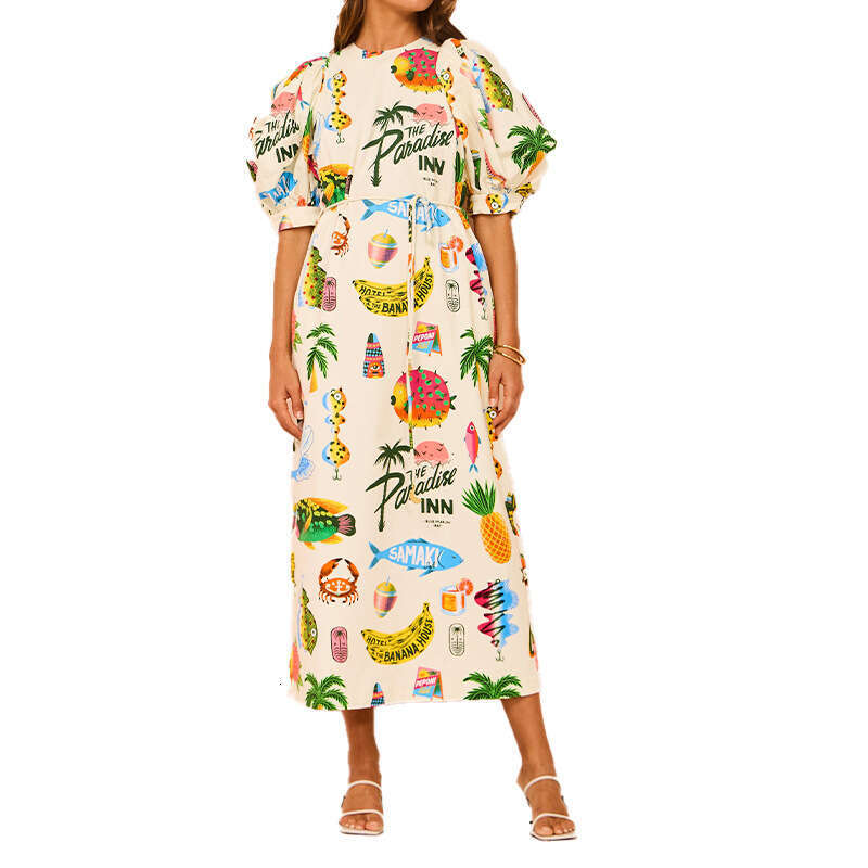 New Women's Printed Puff Sleeve Round Neck Pocket Colorful Flared Dress B5